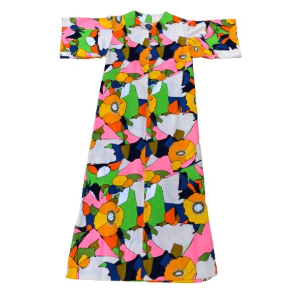 Vintage 60s/70s Psychedelic Floral Citrus Fruit Flower Power Hostess Maxi Dress - Picture 16 of 16